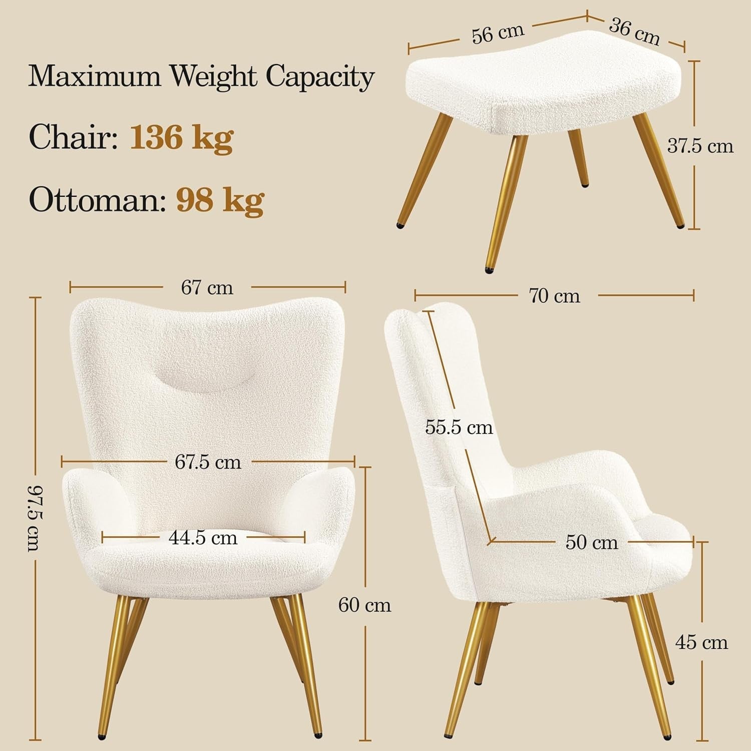 Sherpa Boucle Armchair with Ottoman High Back Lounge Chair Ivory
