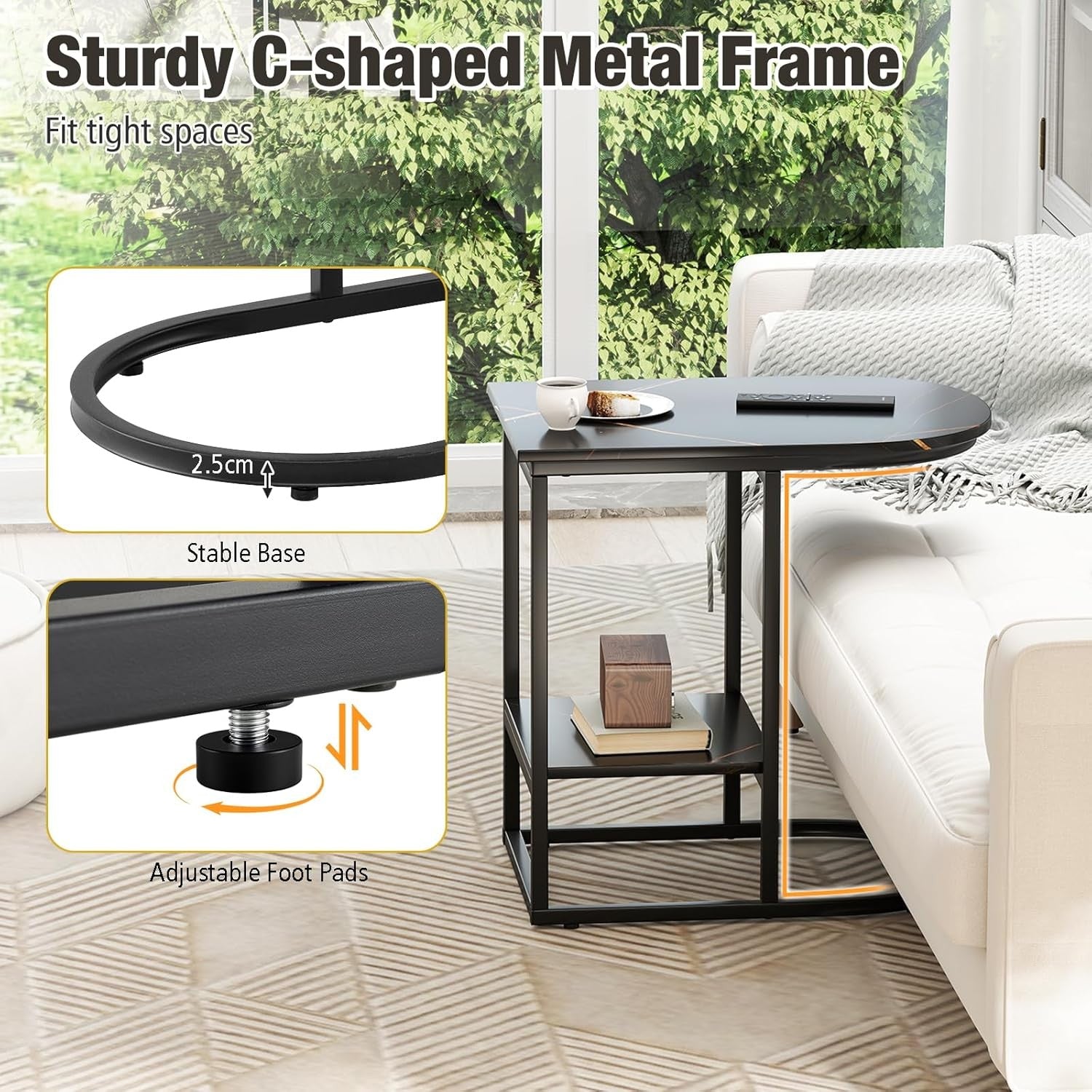 Modern C-Shaped Side Table with Faux Marble Top & Storage Shelf – Slim Overbed S