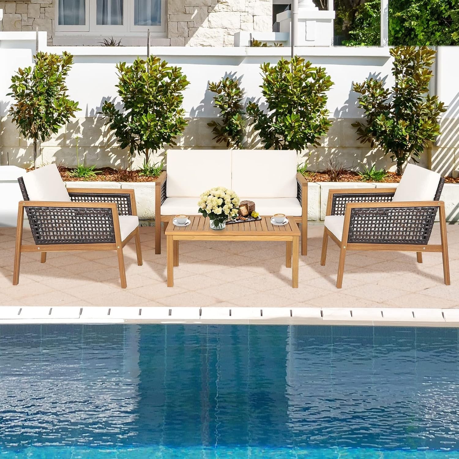 4PC Rattan Garden Sofa Set Outdoor Patio Furniture Acacia Wood