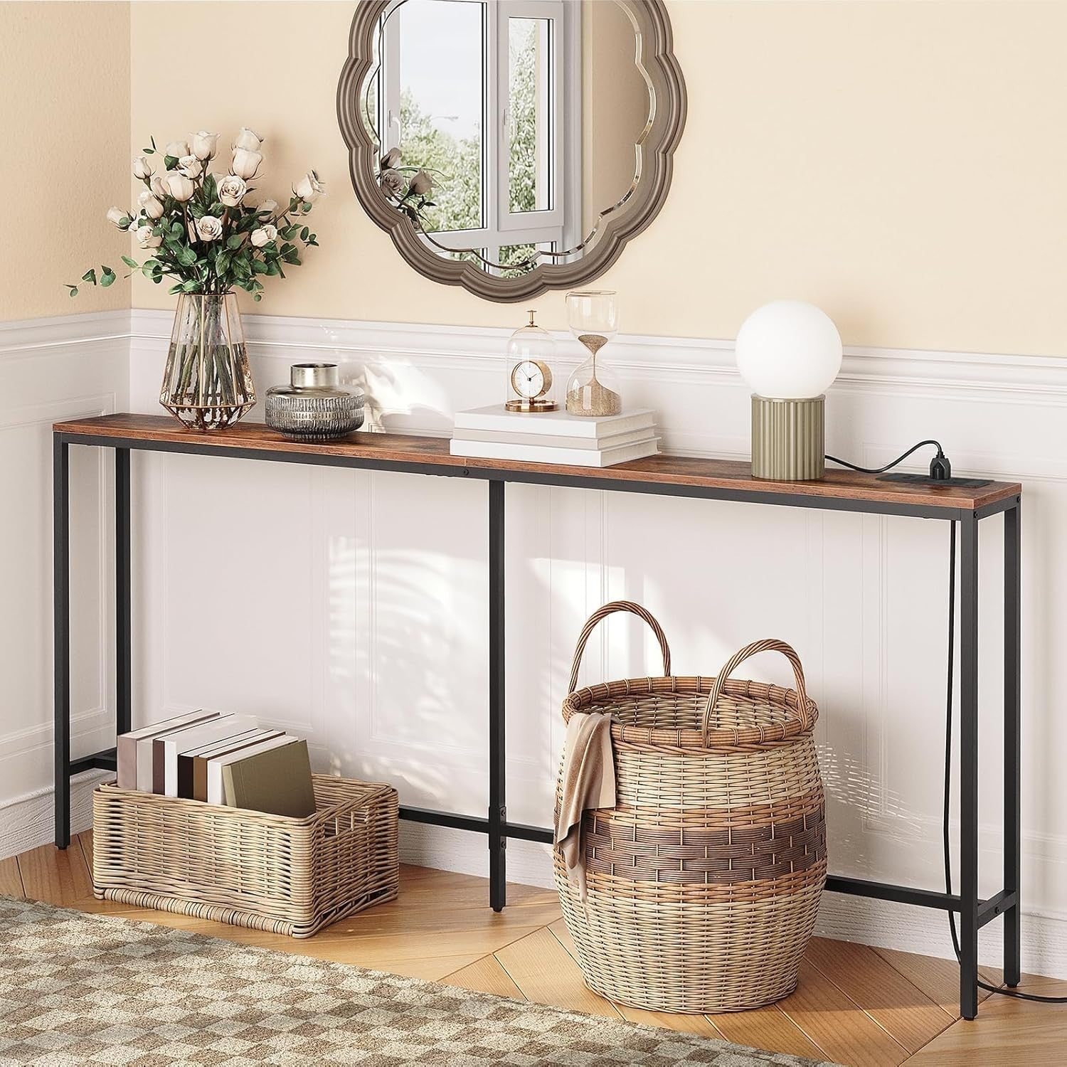 Narrow Sofa Console Table with USB & Power Strip, Rustic Wood, 180cm