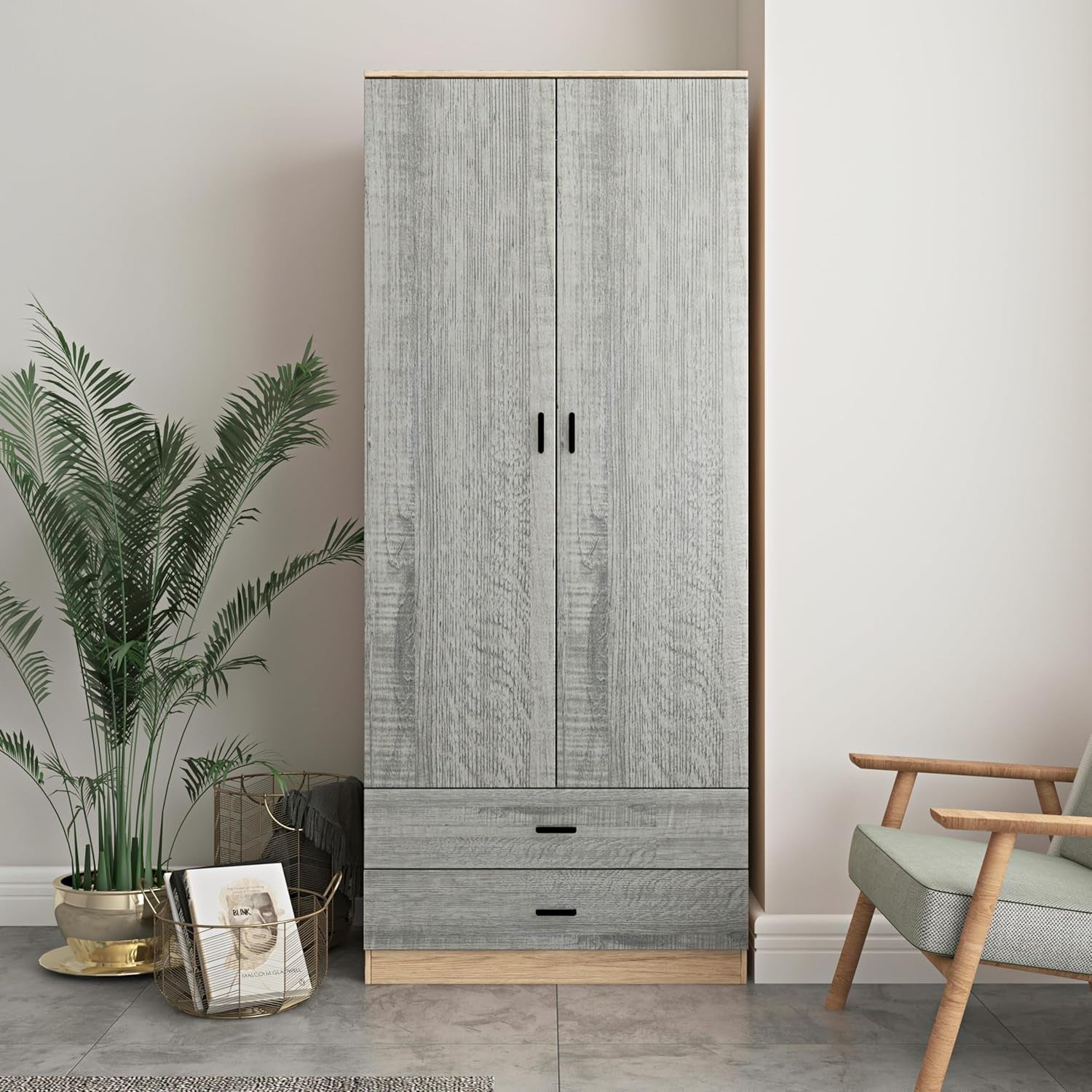 Grey Drawer 2 Door Wardrobe Oak Frame | Modern Tall Bedroom Storage Unit