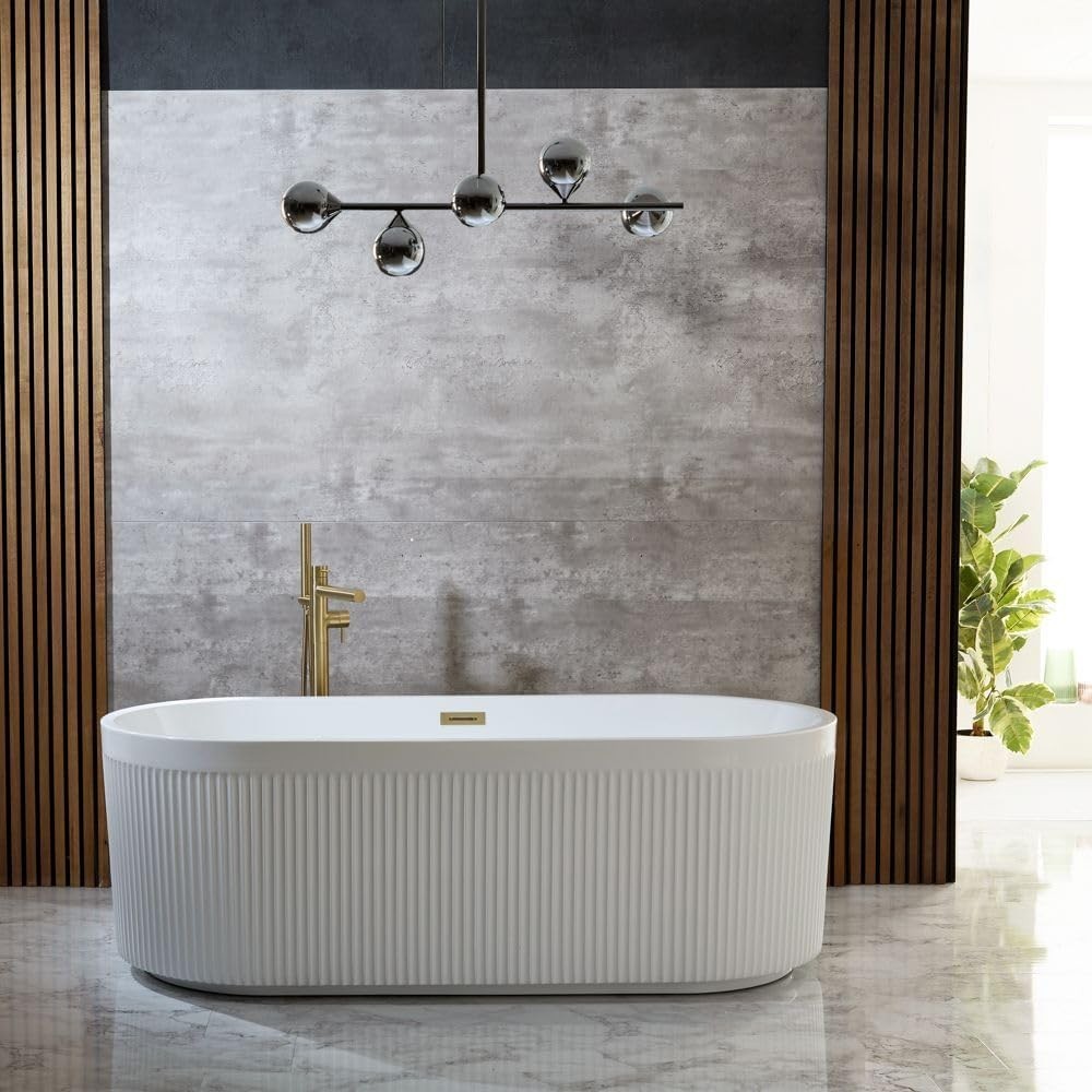 White Freestanding Double Ended Fluted Bath 1700x800mm Brass Overflow