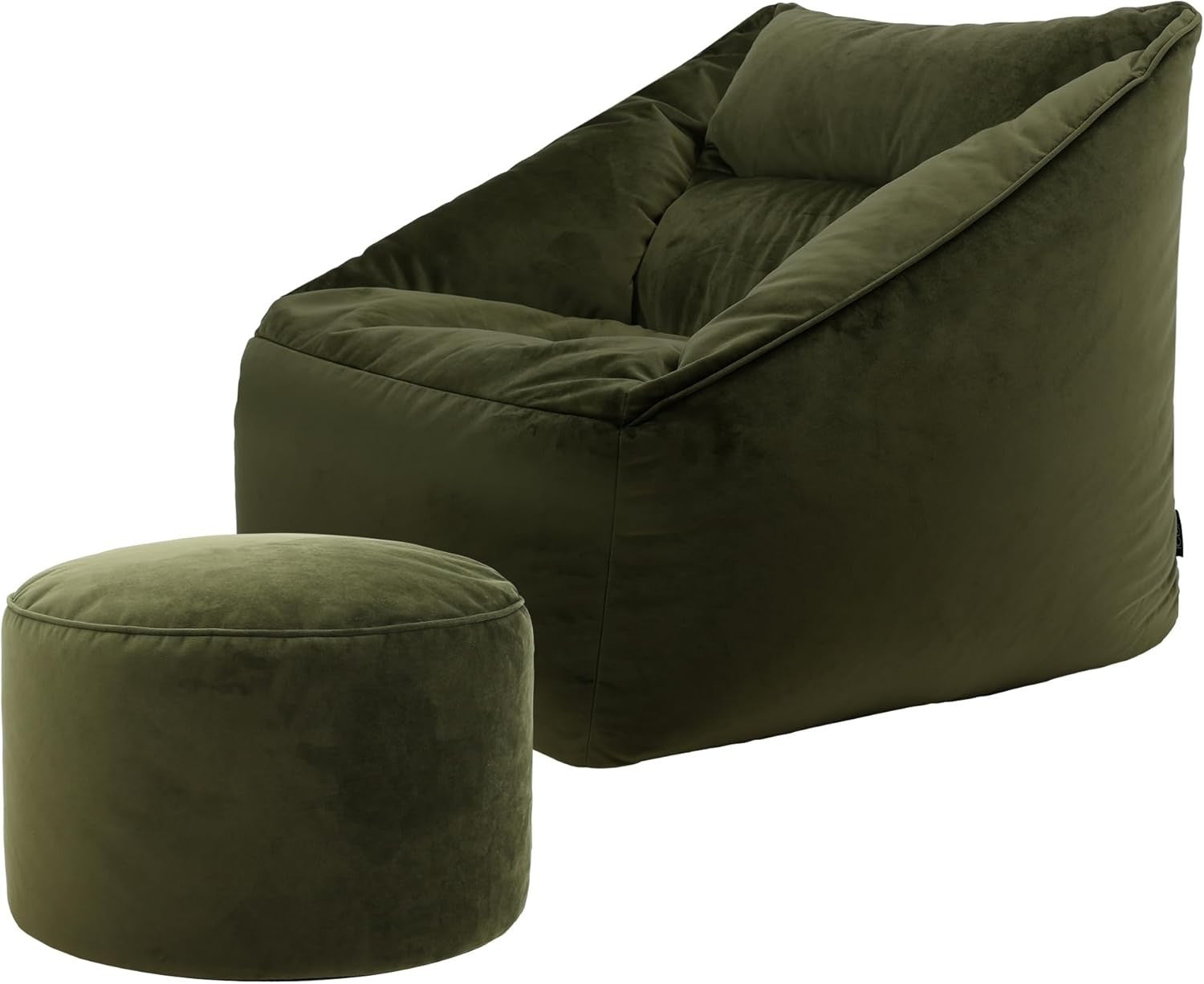 Large Olive Green Velvet Bean Bag Chair with Pouffe, Soft Filling & Support
