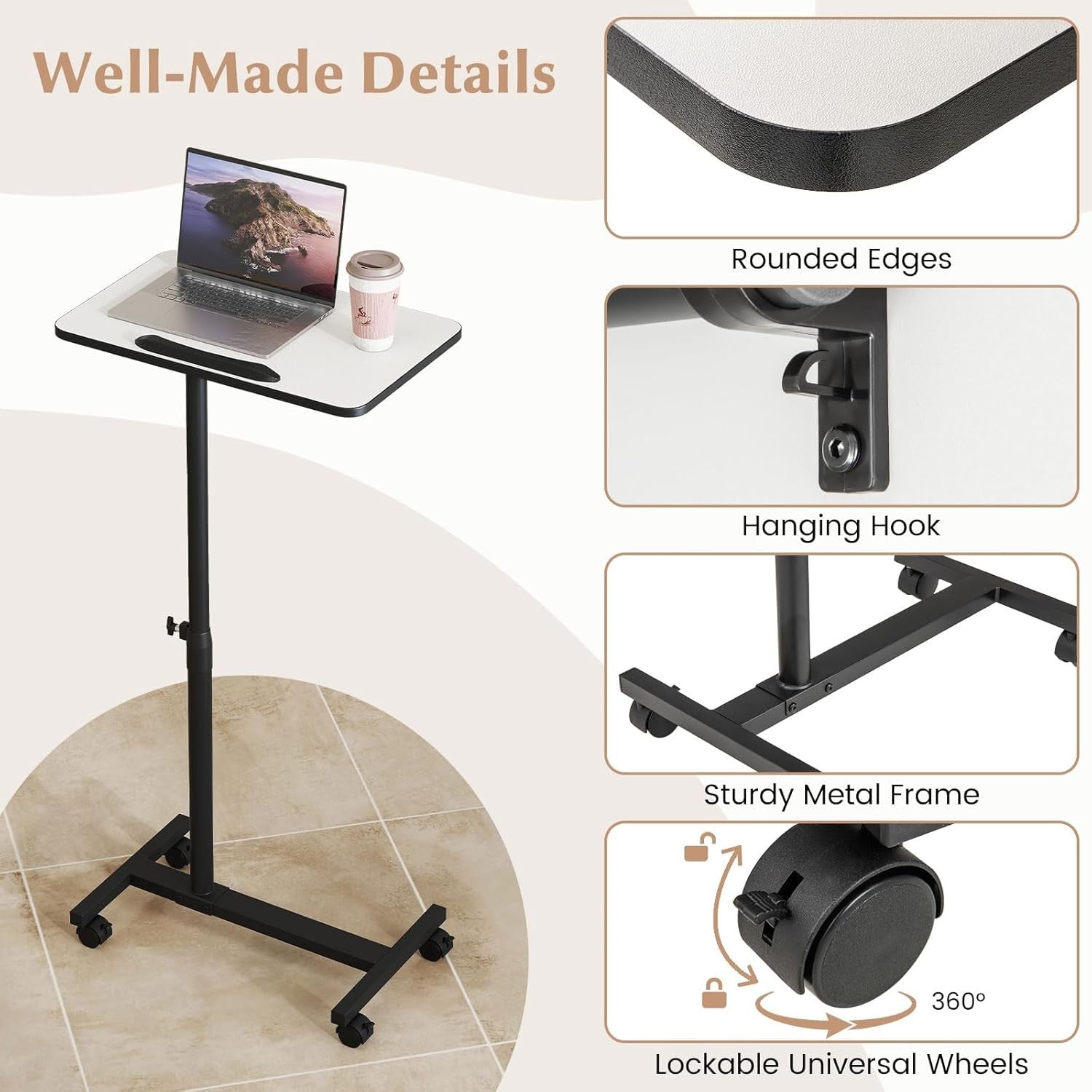 Adjustable Overbed Table Laptop Desk C Shaped Rolling Bedside Stand Grey
