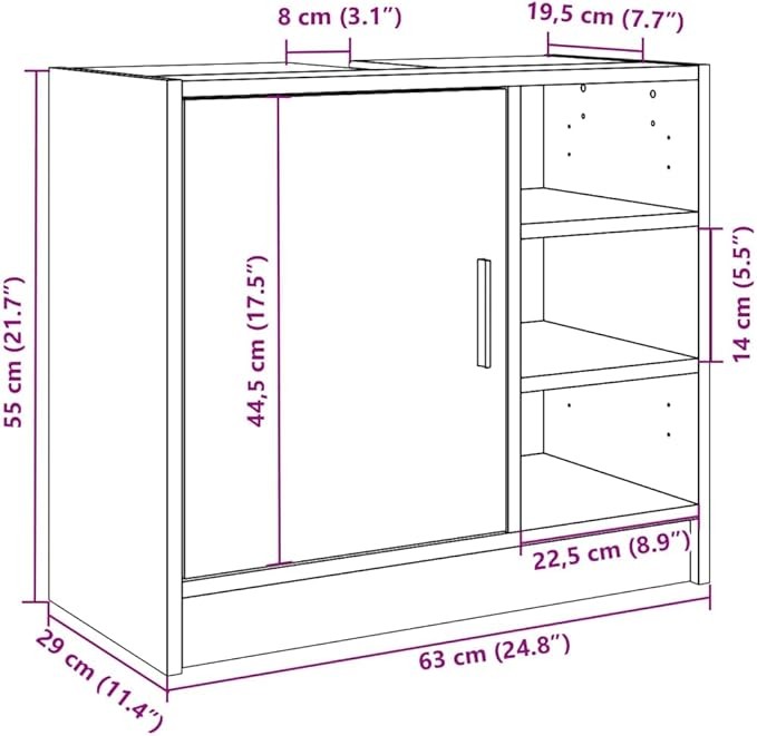 Sonoma Oak Bathroom Sink Cabinet 63cm Modern Under Sink Storage Cupboard Unit