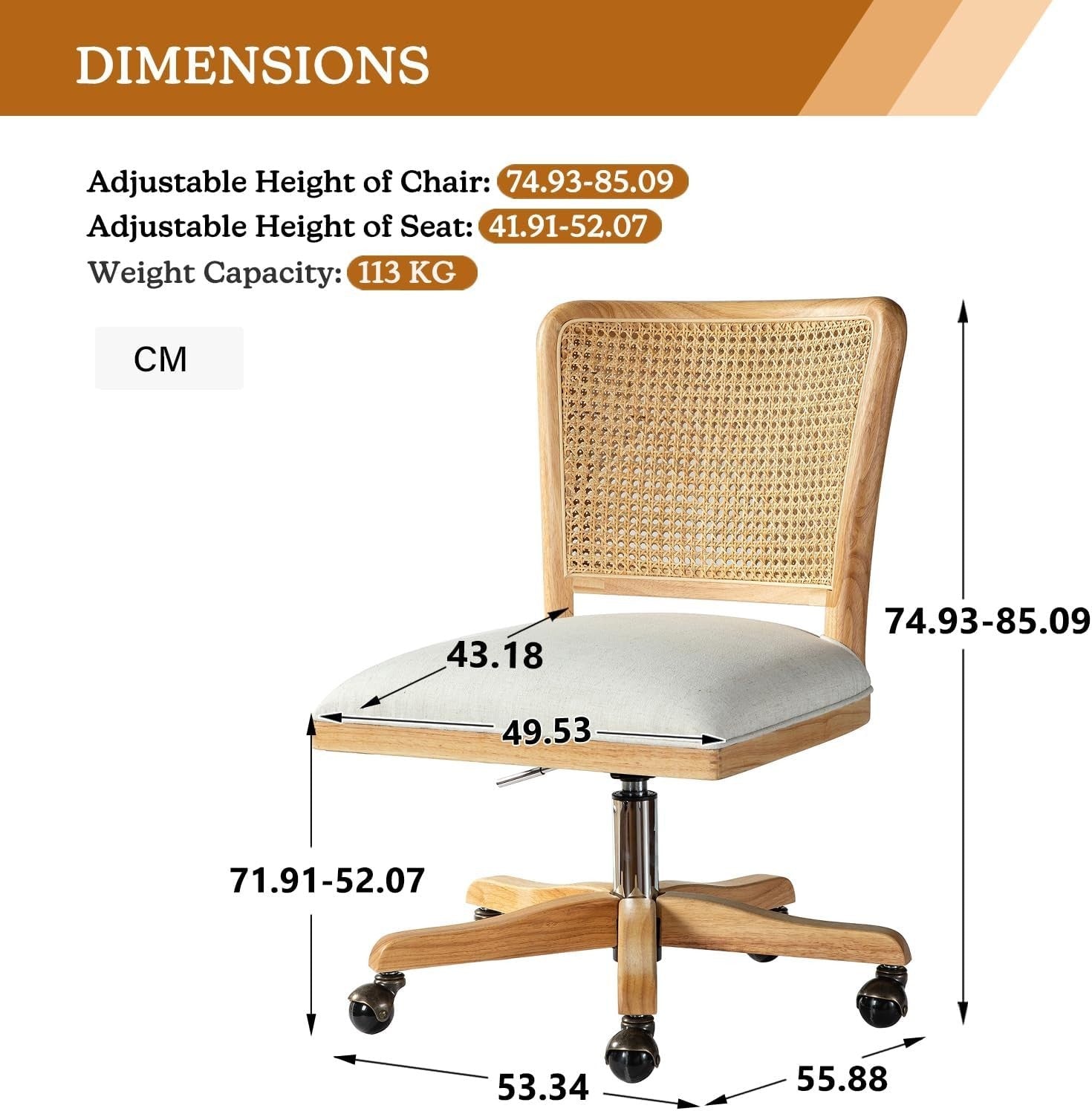 Linen Swivel Office Chair Adjustable Height Upholstered Rattan Desk Seat