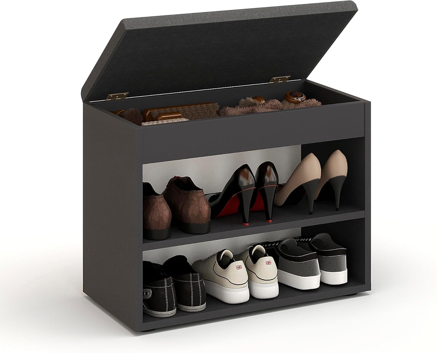 Black Grey Shoe Storage Bench with Padded Seat & Hidden Storage 60cm
