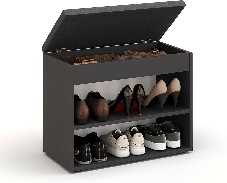 Black Grey Shoe Storage Bench with Padded Seat & Hidden Storage 60cm