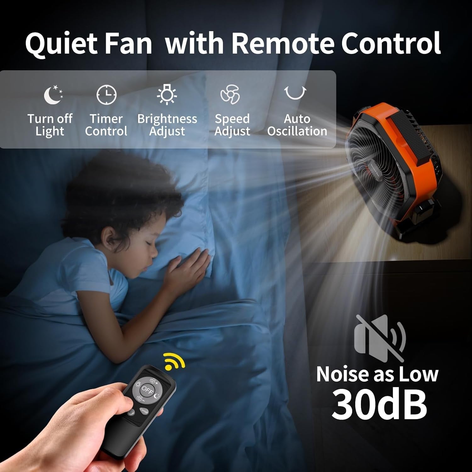 Orange Camping Fan – 20000mAh Rechargeable w/ LED Light, 9 Speeds & Remote Timer