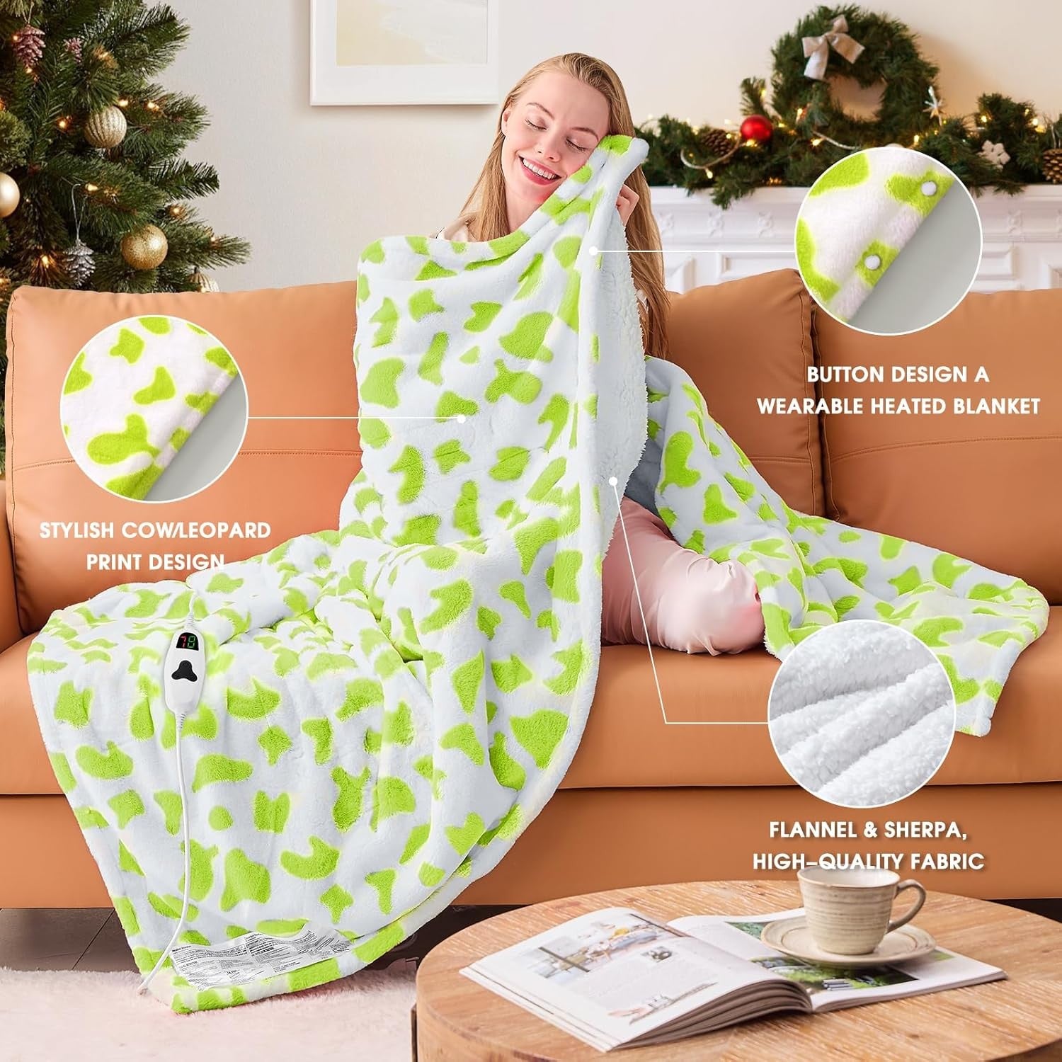 Electric Heated Throw Blanket Cow Print Sherpa 10 Heat Auto Off Washable