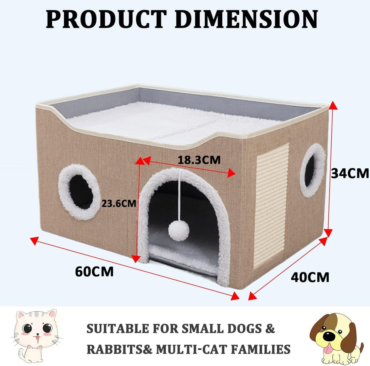 Foldable Cat House Cave Bed 2 Tier Cat Condo w Scratch Board Khaki