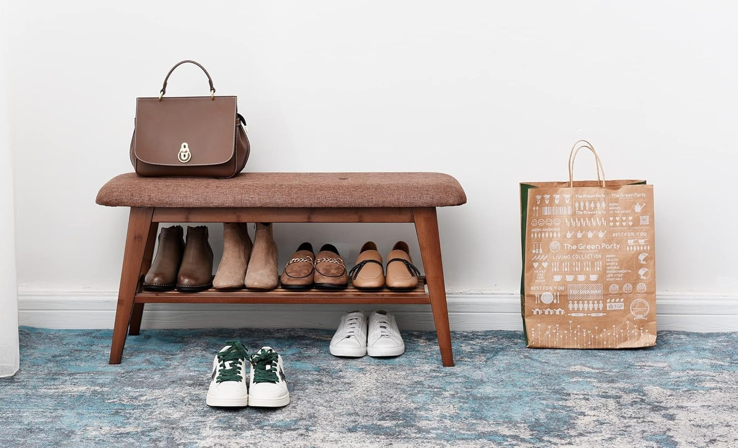 Wooden Entryway Shoe Bench with Cushion & 2-Tier Storage Rack 90cm Brown