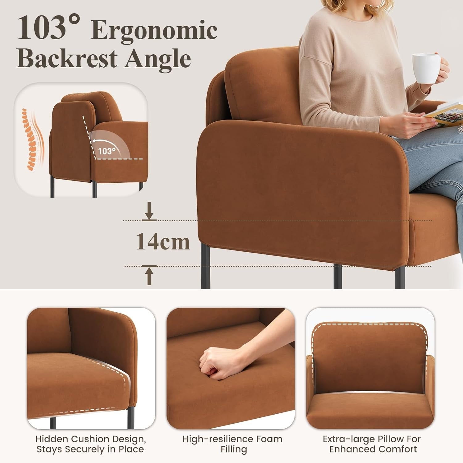 Velvet Upholstered Accent Armchair Padded Lounge Chair Orange
