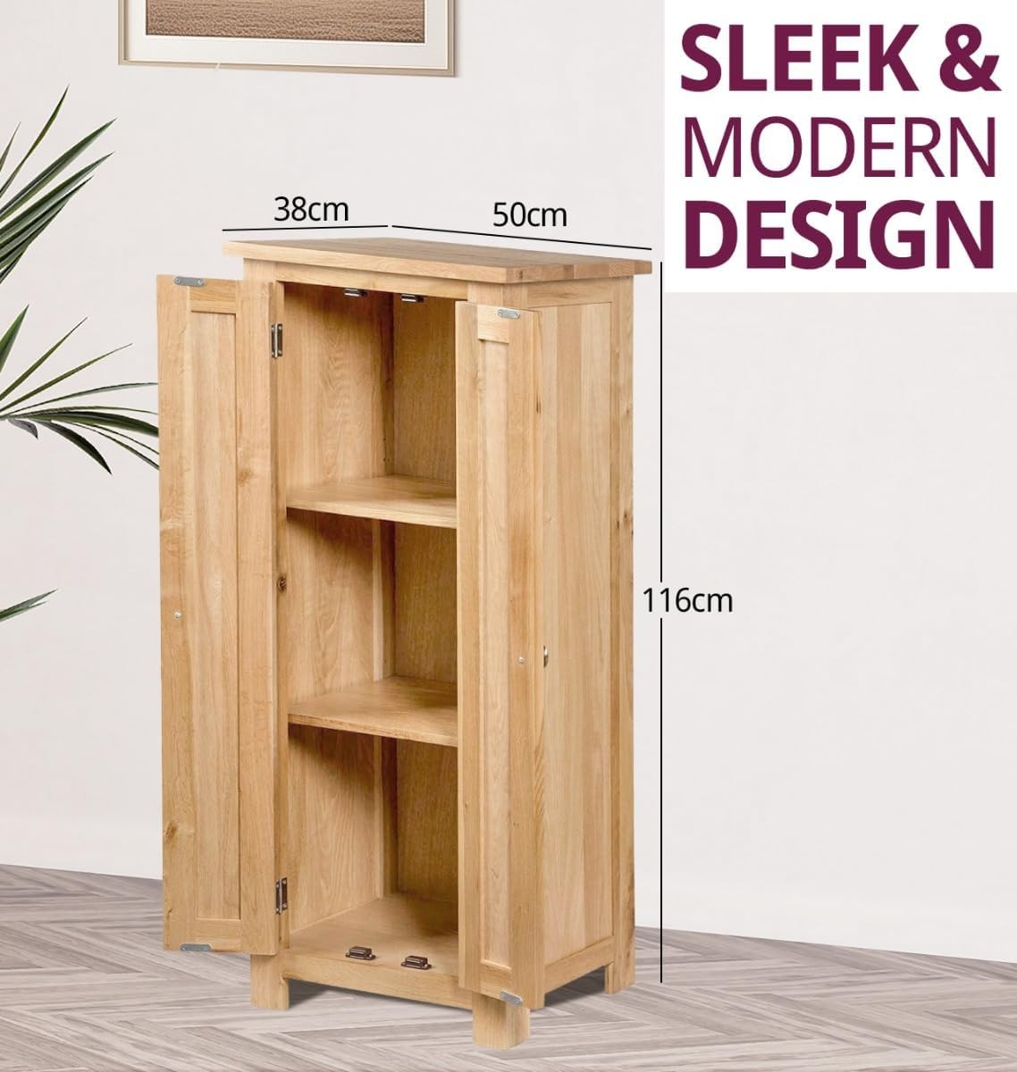 Narrow Oak Storage Cabinet 2 Door Cupboard | Adjustable Shelves Solid Wood Unit