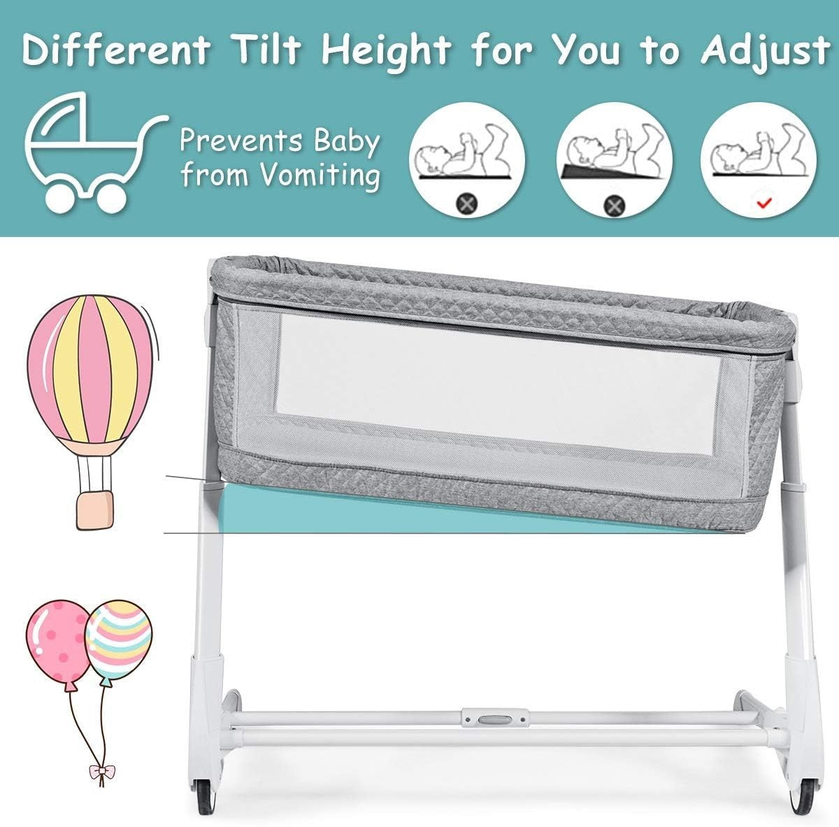 Bedside Baby Crib Adjustable Bassinet with Mattress & Wheels, Breathable Grey