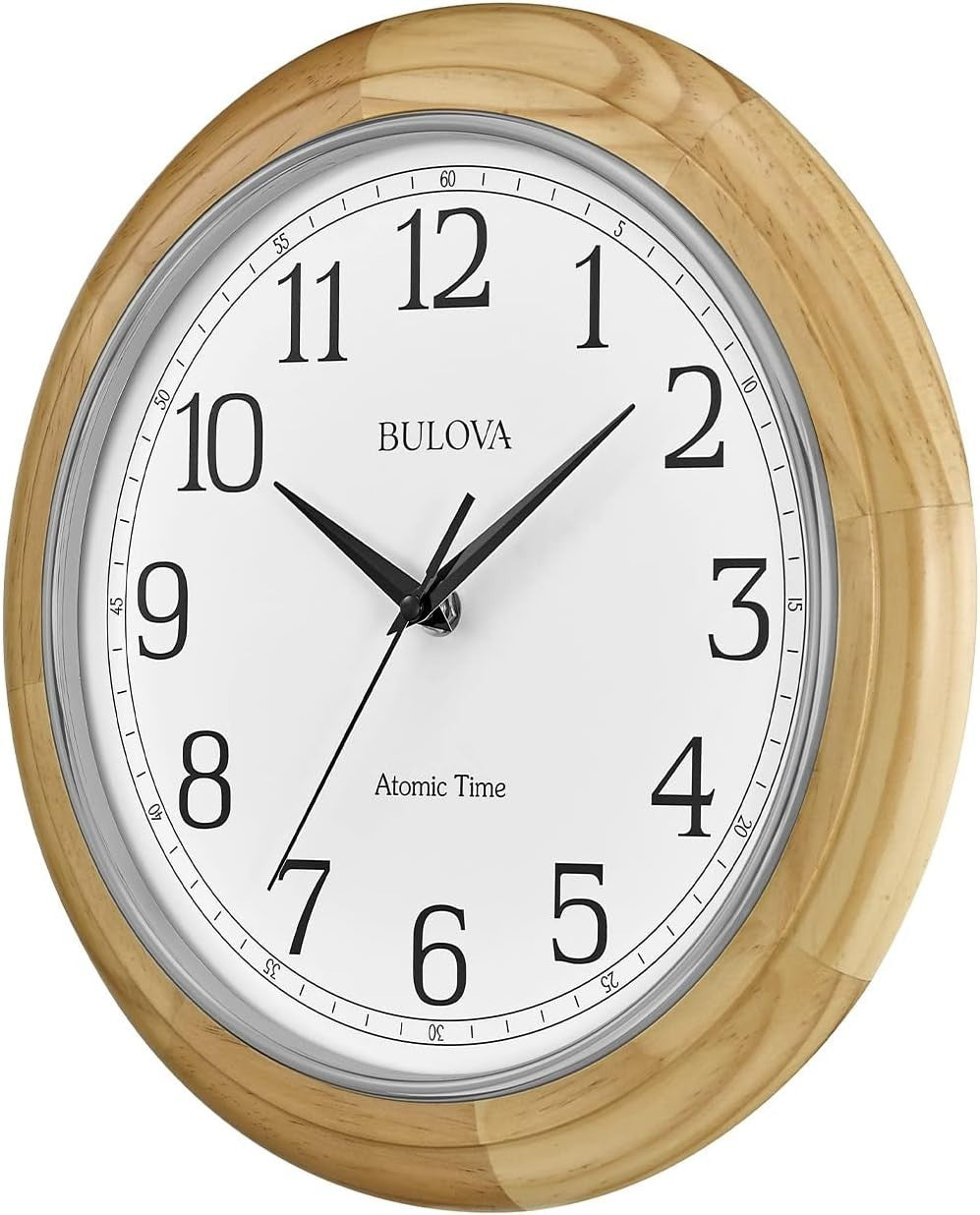 Atomic Analog Wall Clock Quartz Battery Operated Auto Time Set Natural Wood