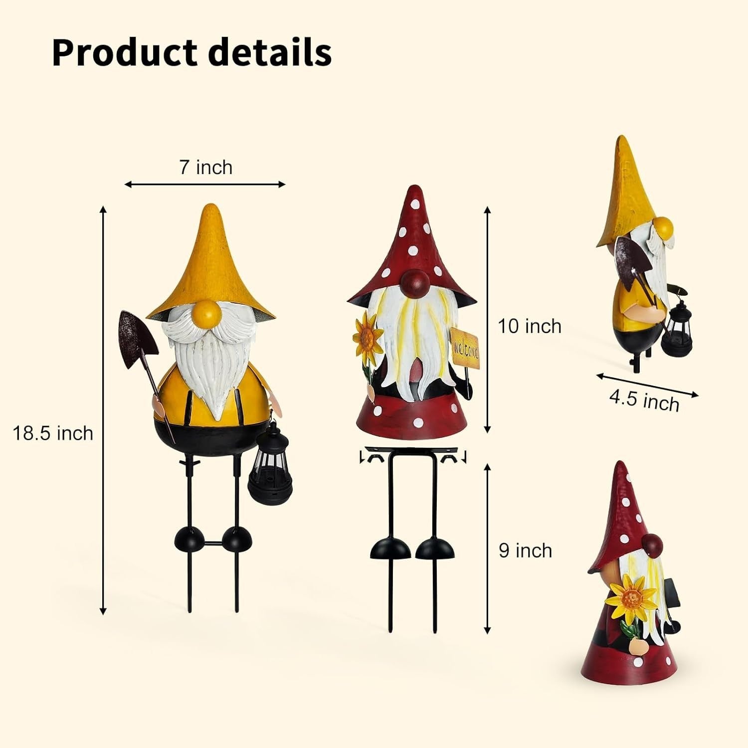 Metal Gnome Garden Stakes 18" Outdoor Yard Decor Cute 3D Figurines Patio