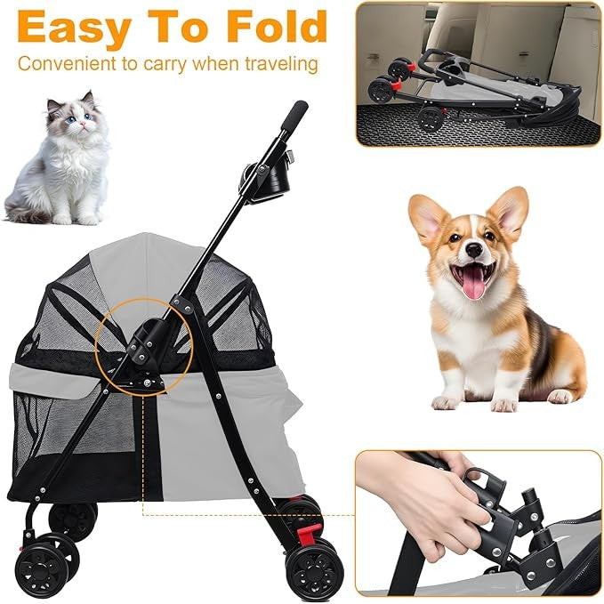 4 Wheel Dog Stroller Folding Pet Pram with Cup Holder Travel Buggy