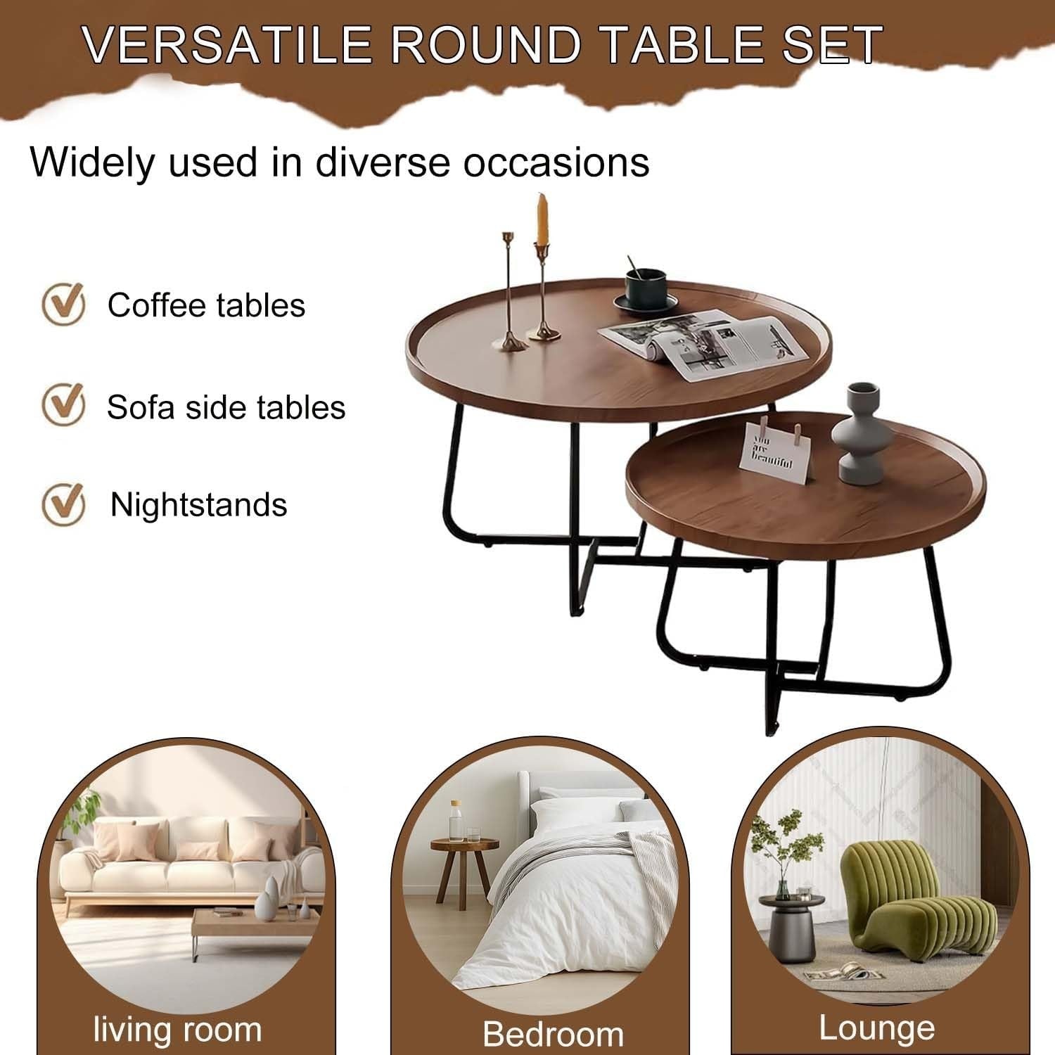 2pc Round Nesting Coffee Table Set Wood Side End Accent Nightstand Living Room