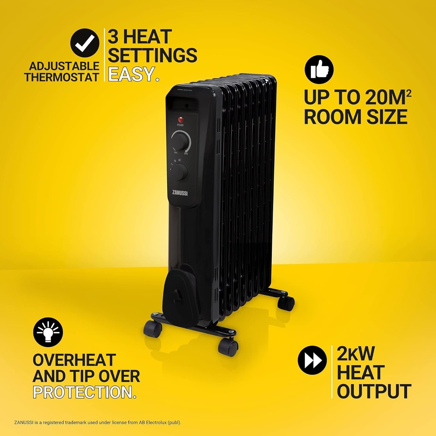 Portable 2000W Oil Filled Radiator Heater 9 Fin Adjustable Thermostat