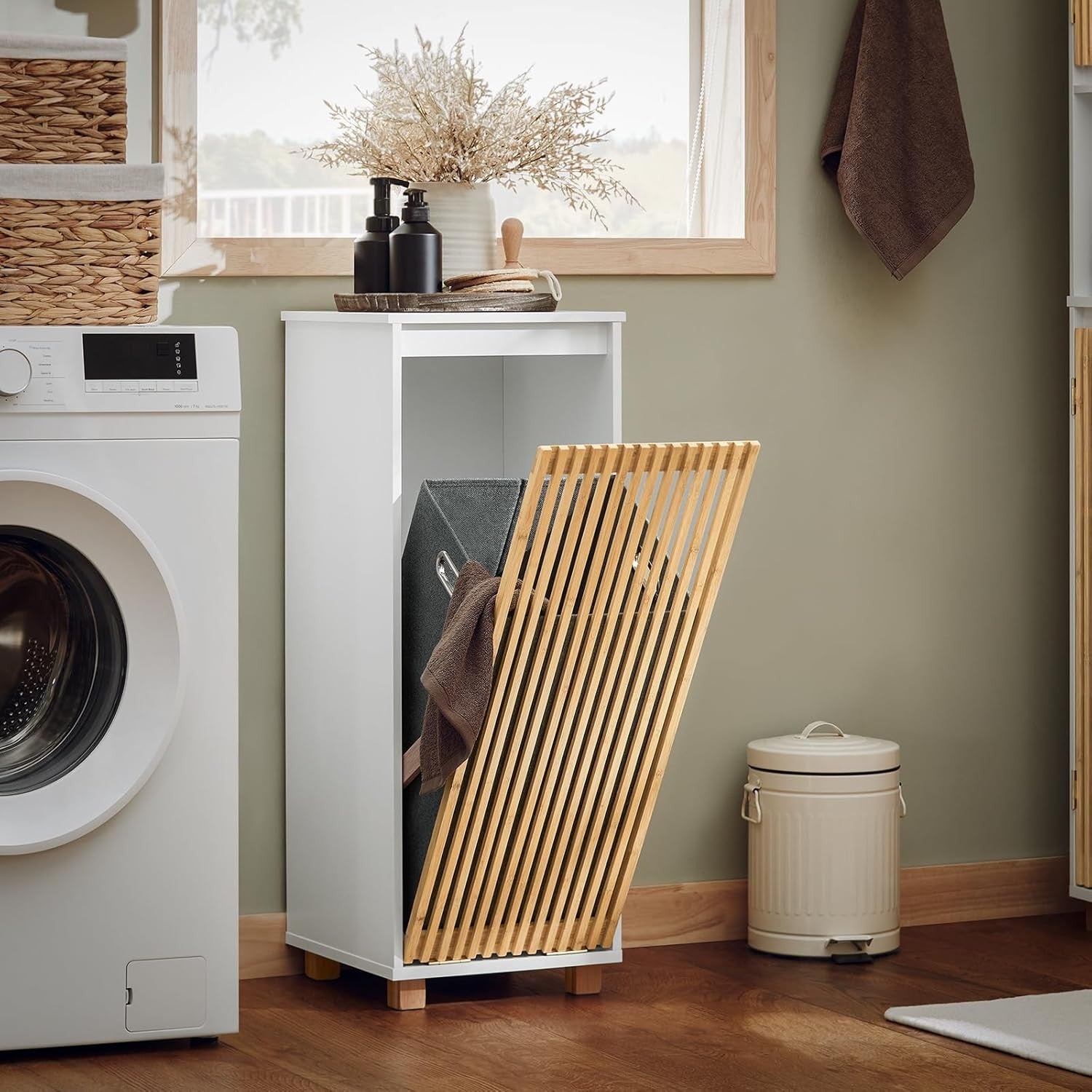 Slim Laundry Cabinet with Removable Basket Bathroom Storage Bamboo Door White