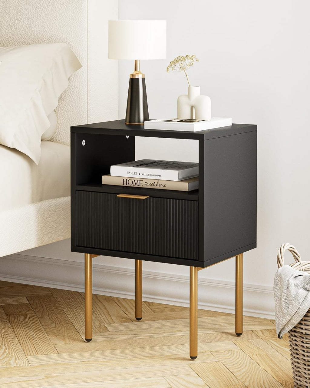 Black Bedside Table with Drawer & Open Shelf | Modern Wooden Nightstand