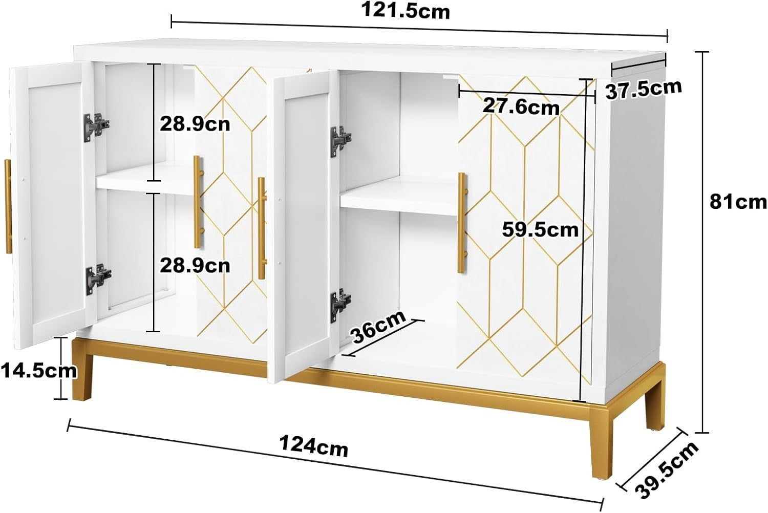 White Sideboard Cabinet 4 Door Gold Trim Storage Unit for Hallway Room