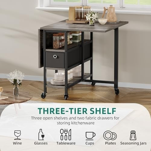 Grey Oak Folding Dining Table Drop Leaf Mobile with Storage 120cm