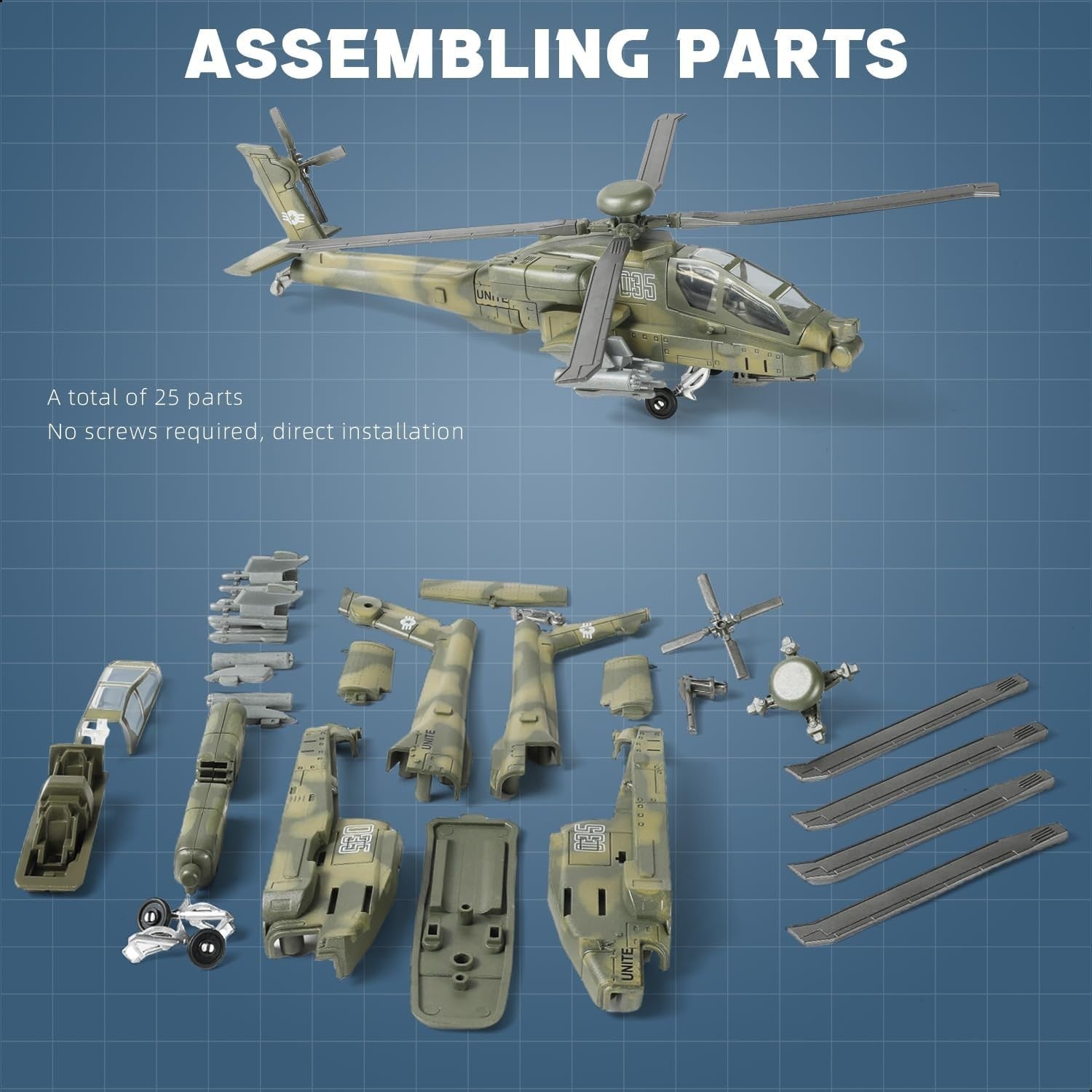 1:72 Scale AH-64 Apache Army Helicopter Model Kit | Military Toy Assembly Set
