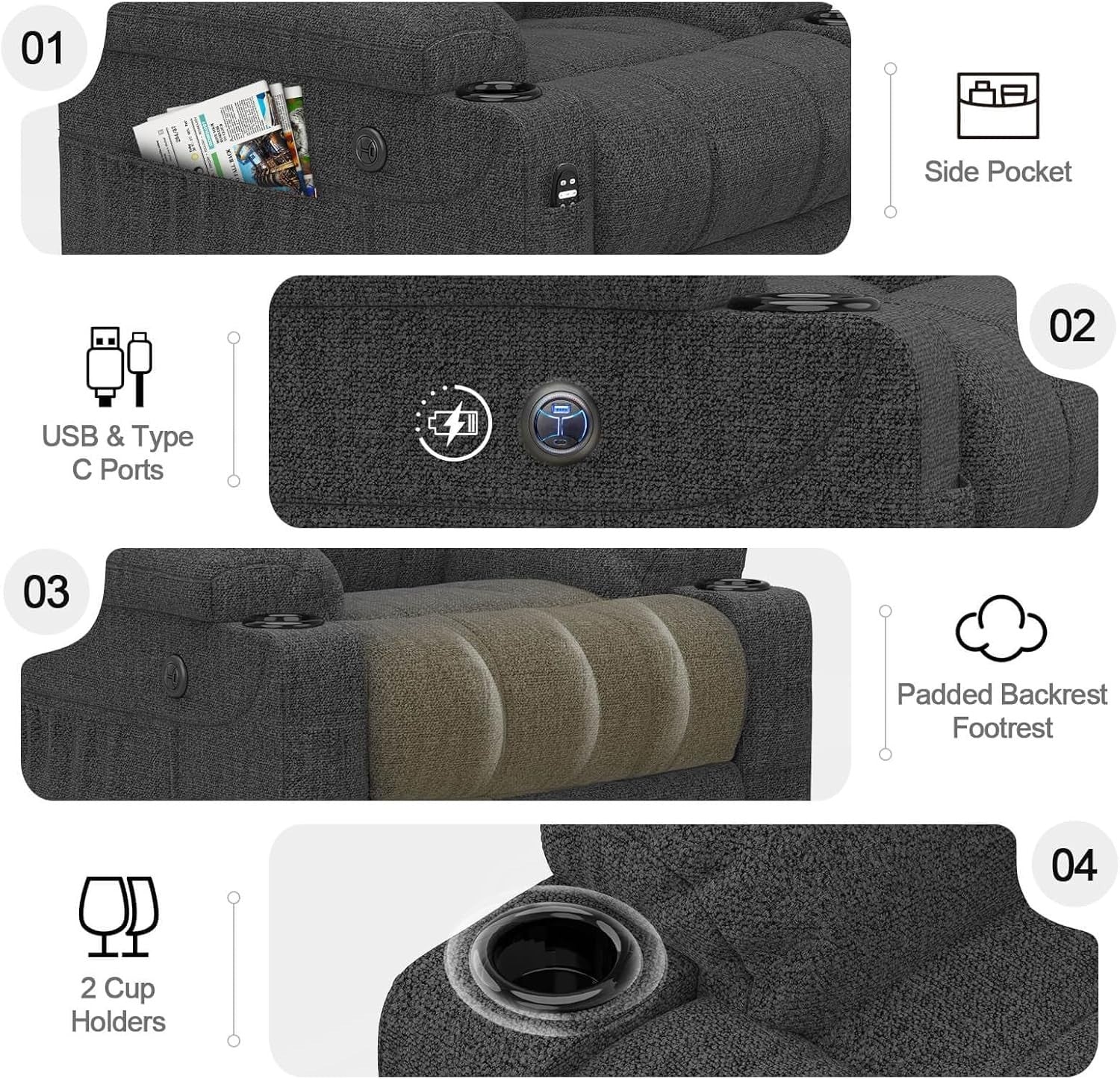 Set of 2 Lift Recliner Chairs Massage Heat USB-C Footrest Cup Holders Deep Grey