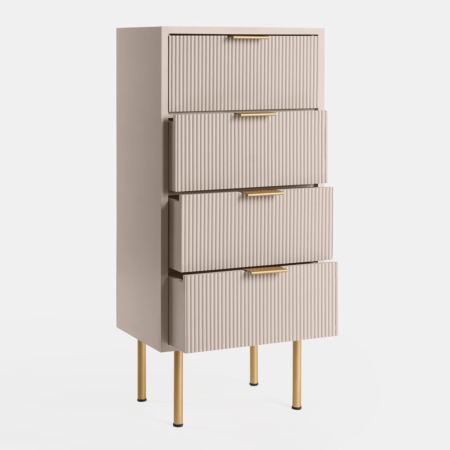 Modern Beige 4 Drawer Bedside Table | Tall Ribbed Nightstand with Gold Legs