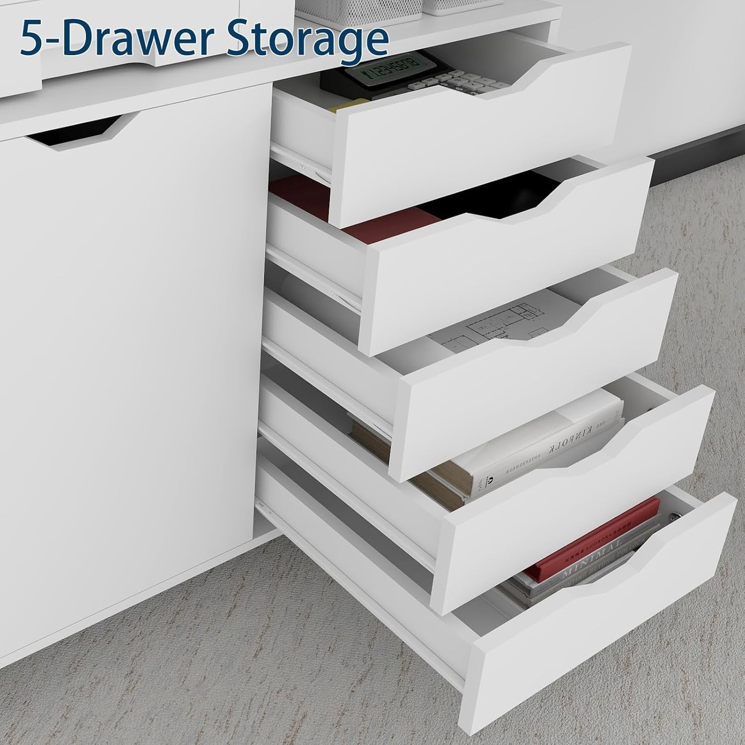 White Mobile 5 Drawer File Cabinet with Door Rolling Printer Stand