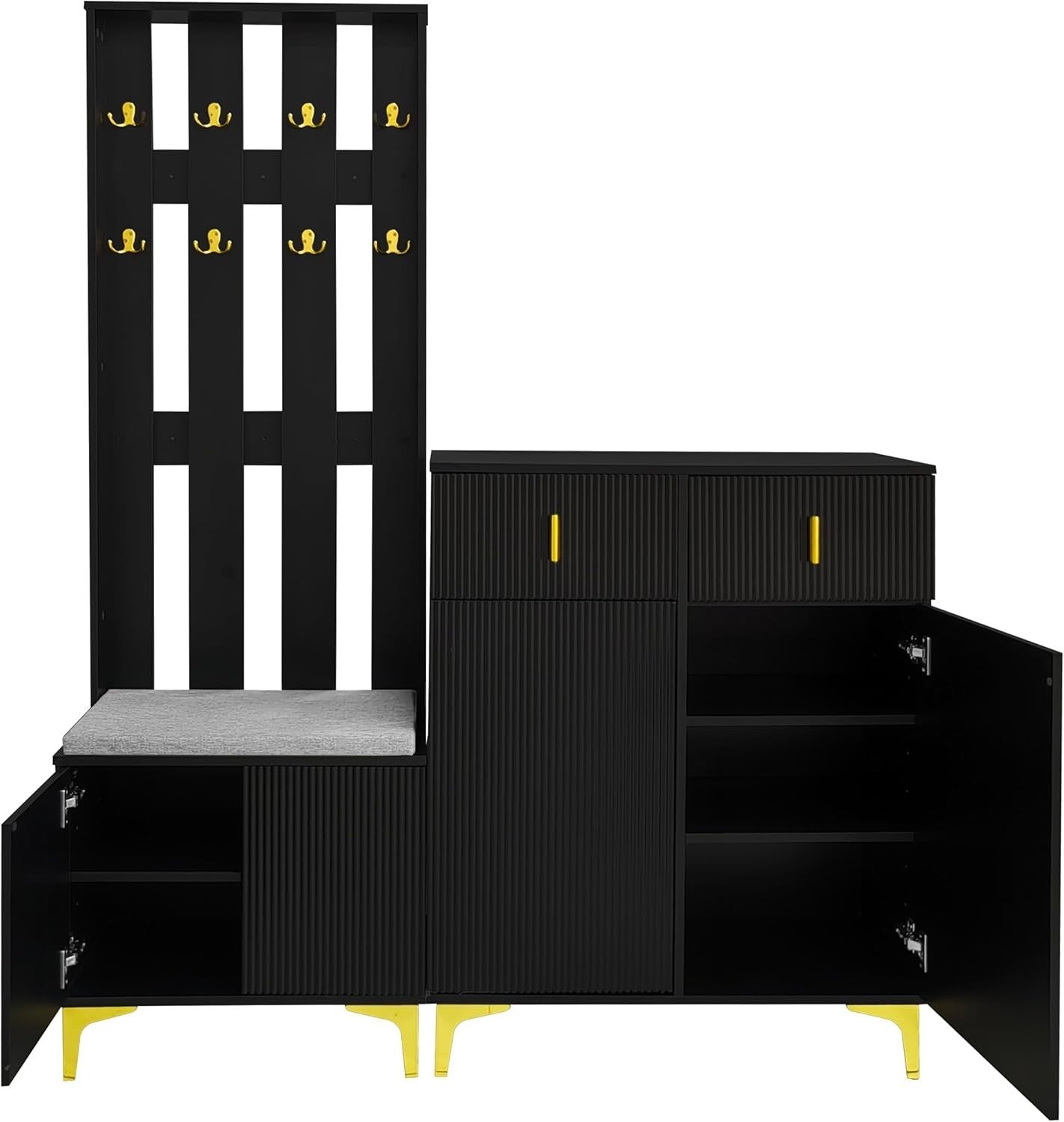 Modern Hallway Coat Rack & Shoe Storage Bench with Cushioned Seat – Black