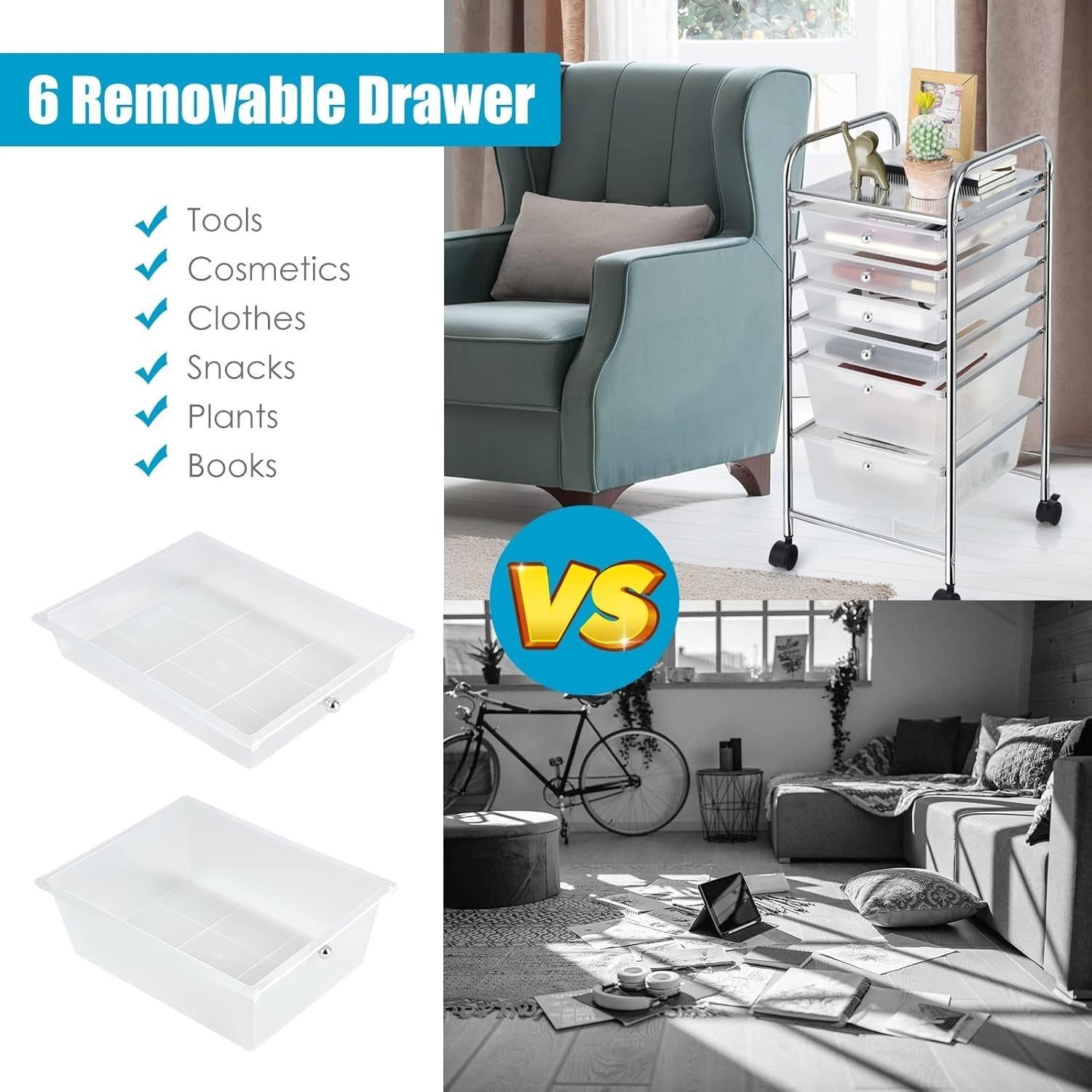 6 Drawer Rolling Storage Trolley Clear Utility Organizer Cart Wheels