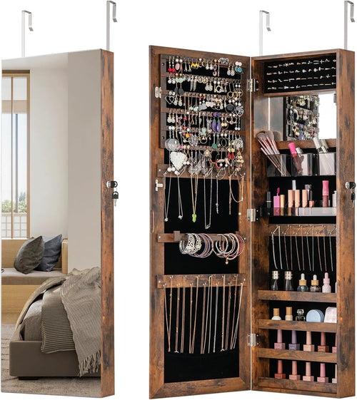 Rustic Brown Wall Door Jewelry Armoire Lockable Full Length Mirror