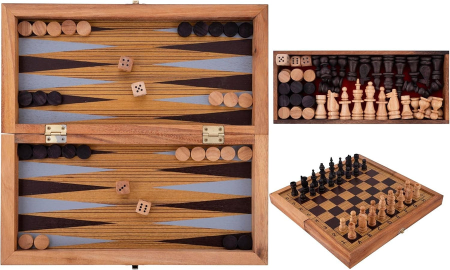 Large Wooden Chess Backgammon Set 40cm Folding Board Strategy Game