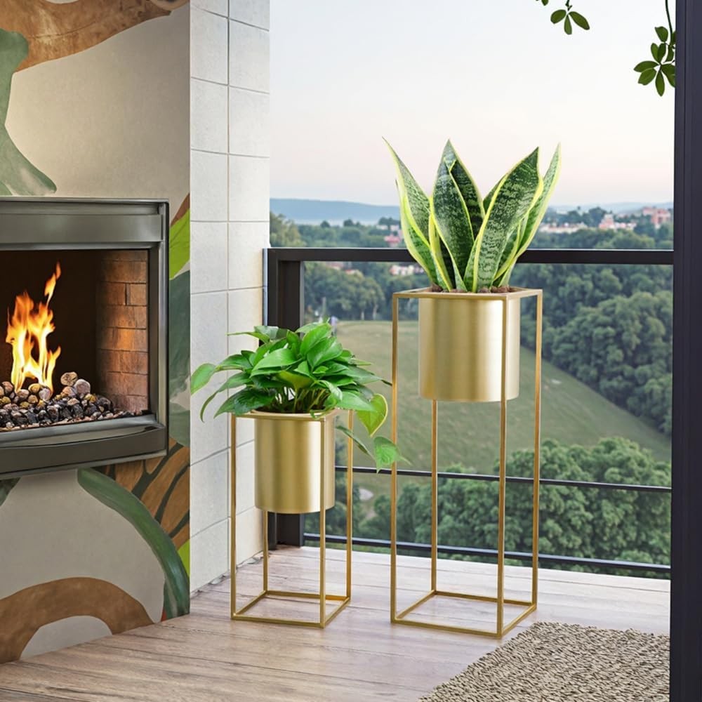Set of 2 Gold Metal Planters with Stand Indoor Outdoor Tall Plant Pots Display