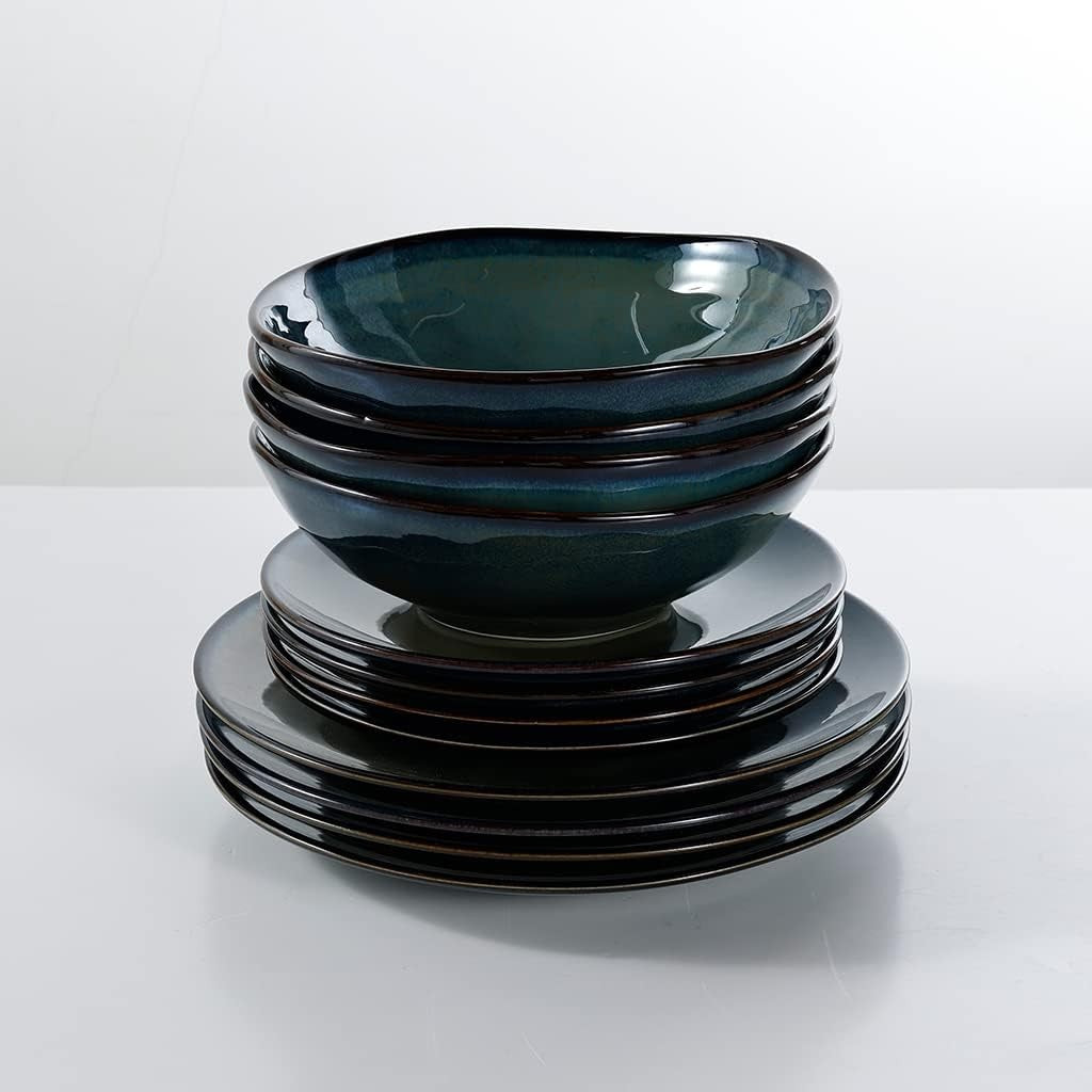Mediterranean Ceramic Dinnerware Set 12 Piece Blue Green Gold Plates Bowls