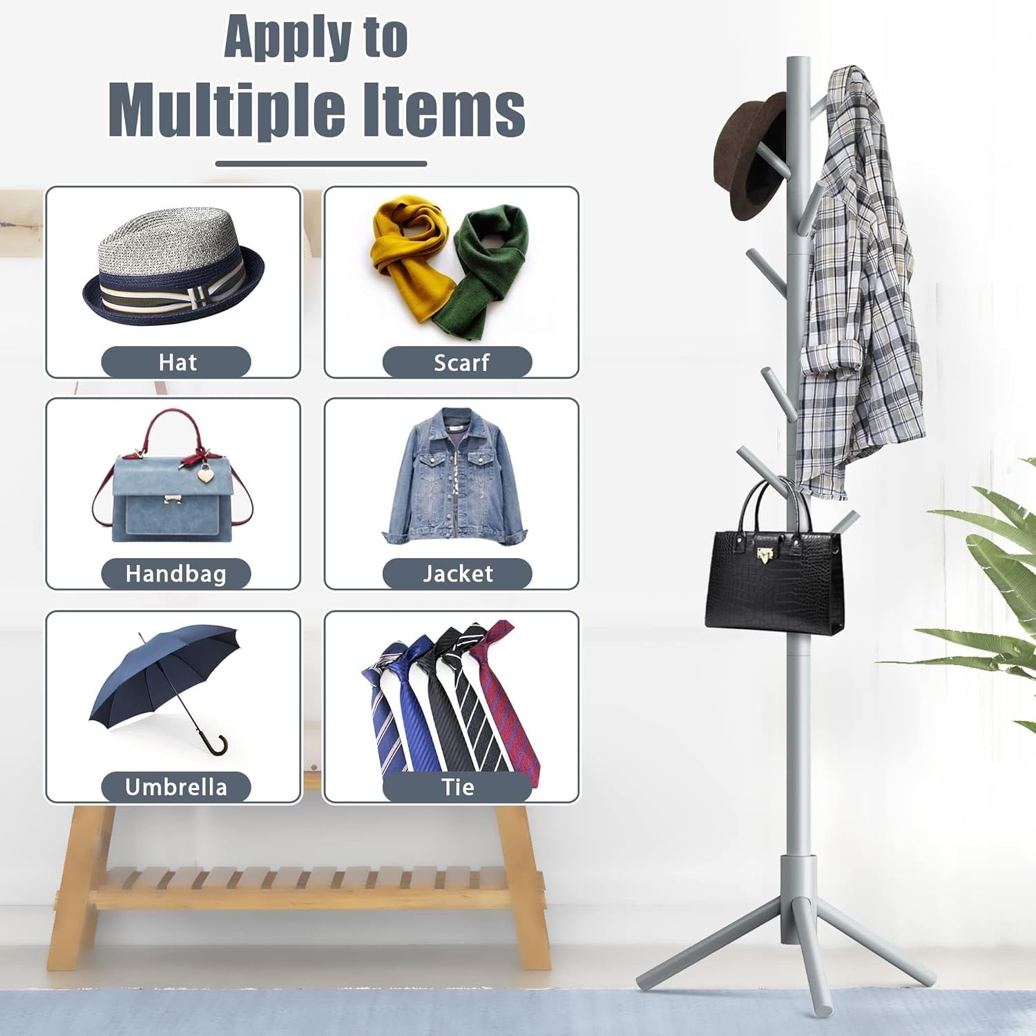 Grey Wooden Coat Rack Stand 8 Hooks Adjustable Hall Tree for Coats Hats Bags