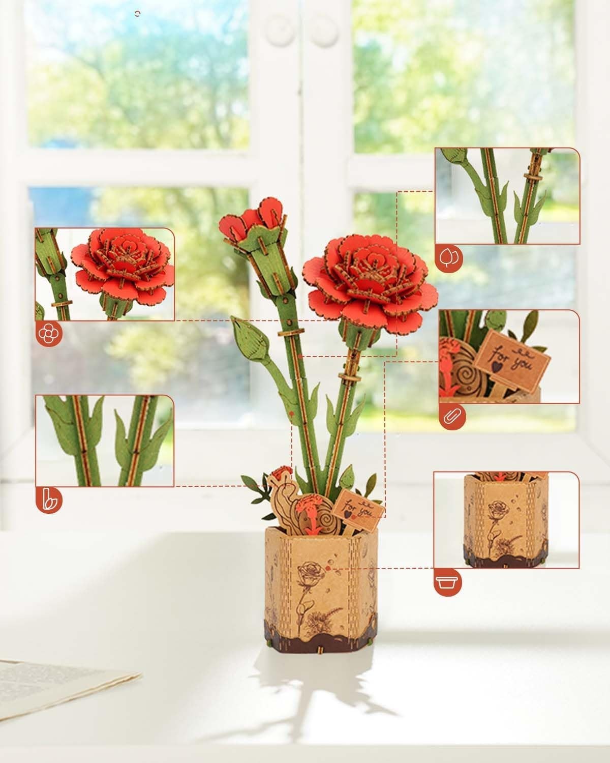 3D Wooden Red Carnation Puzzle Kit – DIY Flower Craft Gift & Decor