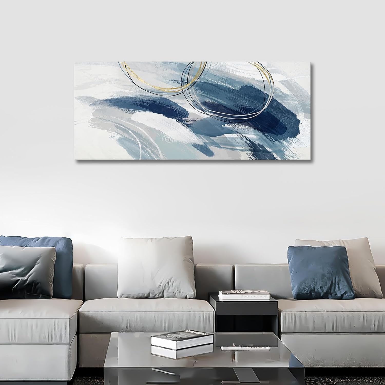 Large Abstract Canvas Wall Art Indigo Blue Grey Modern Decor