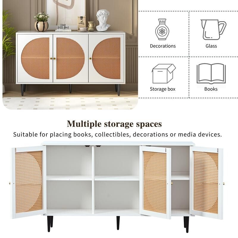 White Rattan Sideboard Cabinet 3 Door Storage Unit Adjustable Shelf Modern