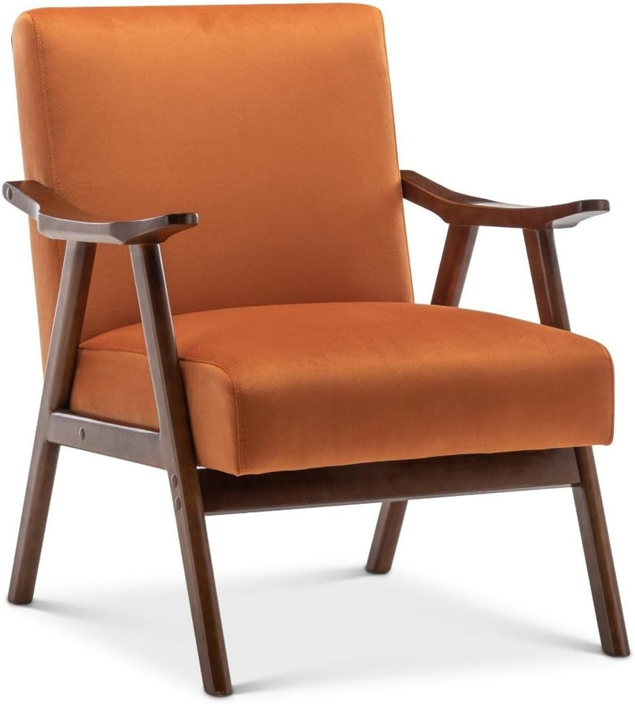 Orange Velvet Accent Armchair Retro Wooden Lounge Chair