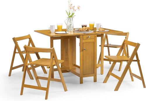 Compact Dining Table Set with Storage Drawer Foldable Chairs Light Oak