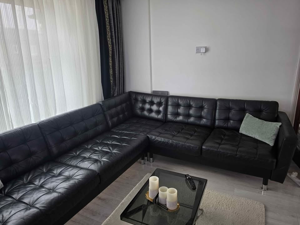 Large Black Leather Corner Sofa L-Shape Sofa (PTP)