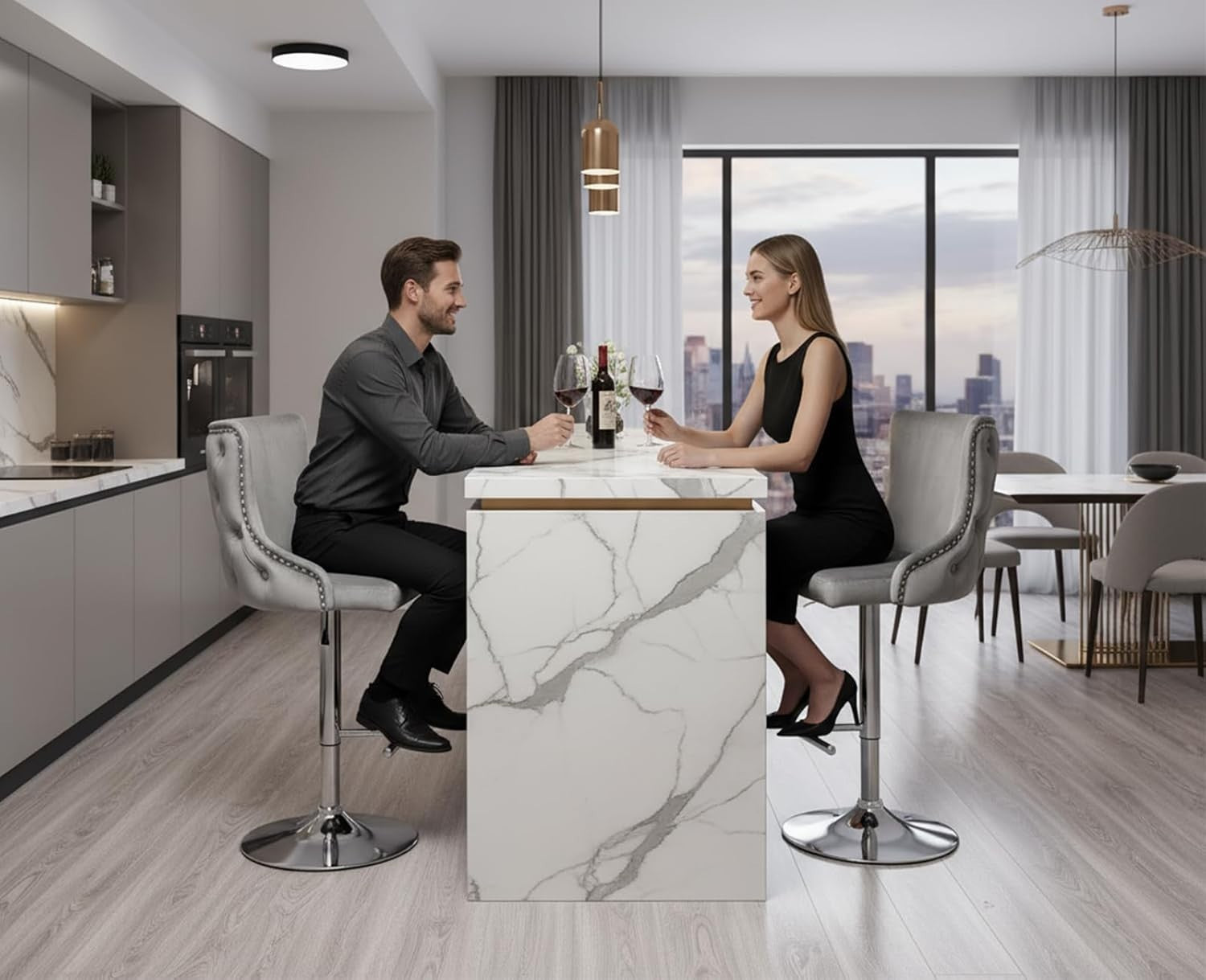 Luxury Velvet Bar Stools Set of 2 – Adjustable Swivel, Lion Accent, Grey