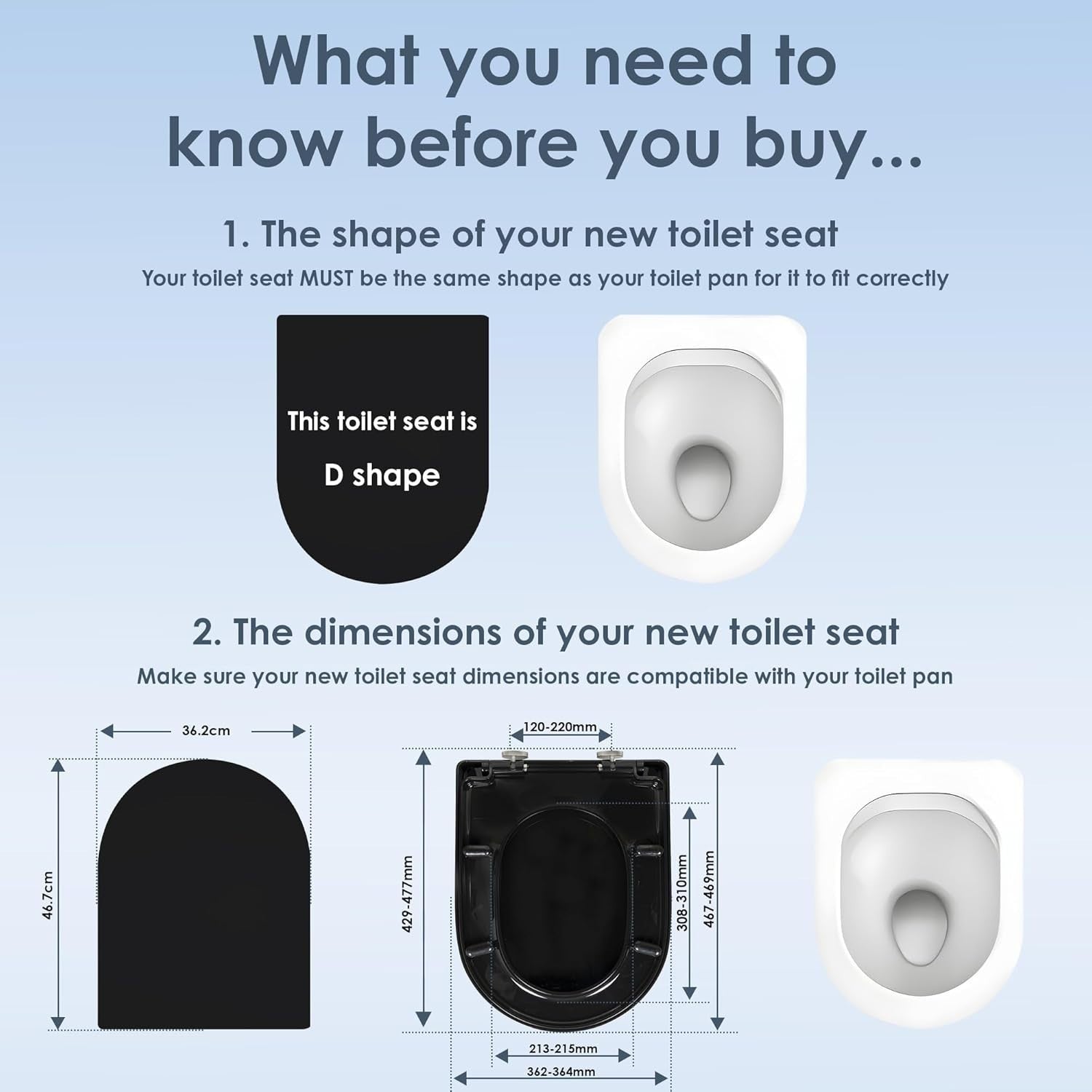 Black D-Shaped Toilet Seat Thermoplastic One Button Quick Release 45x36cm