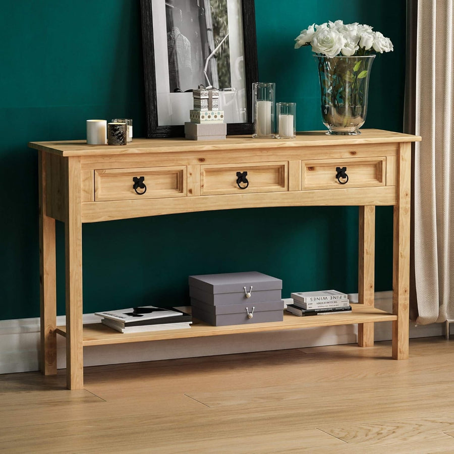 Solid Pine Wood Console Table 3 Drawers with Shelf, Rustic Storage
