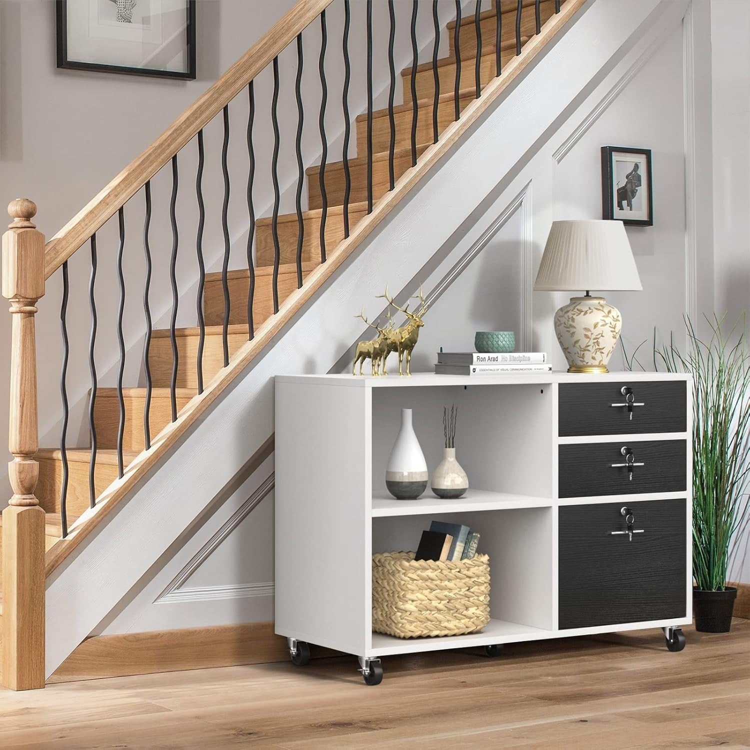 3 Drawer Mobile Wood File Cabinet Printer Stand with Shelves White Black