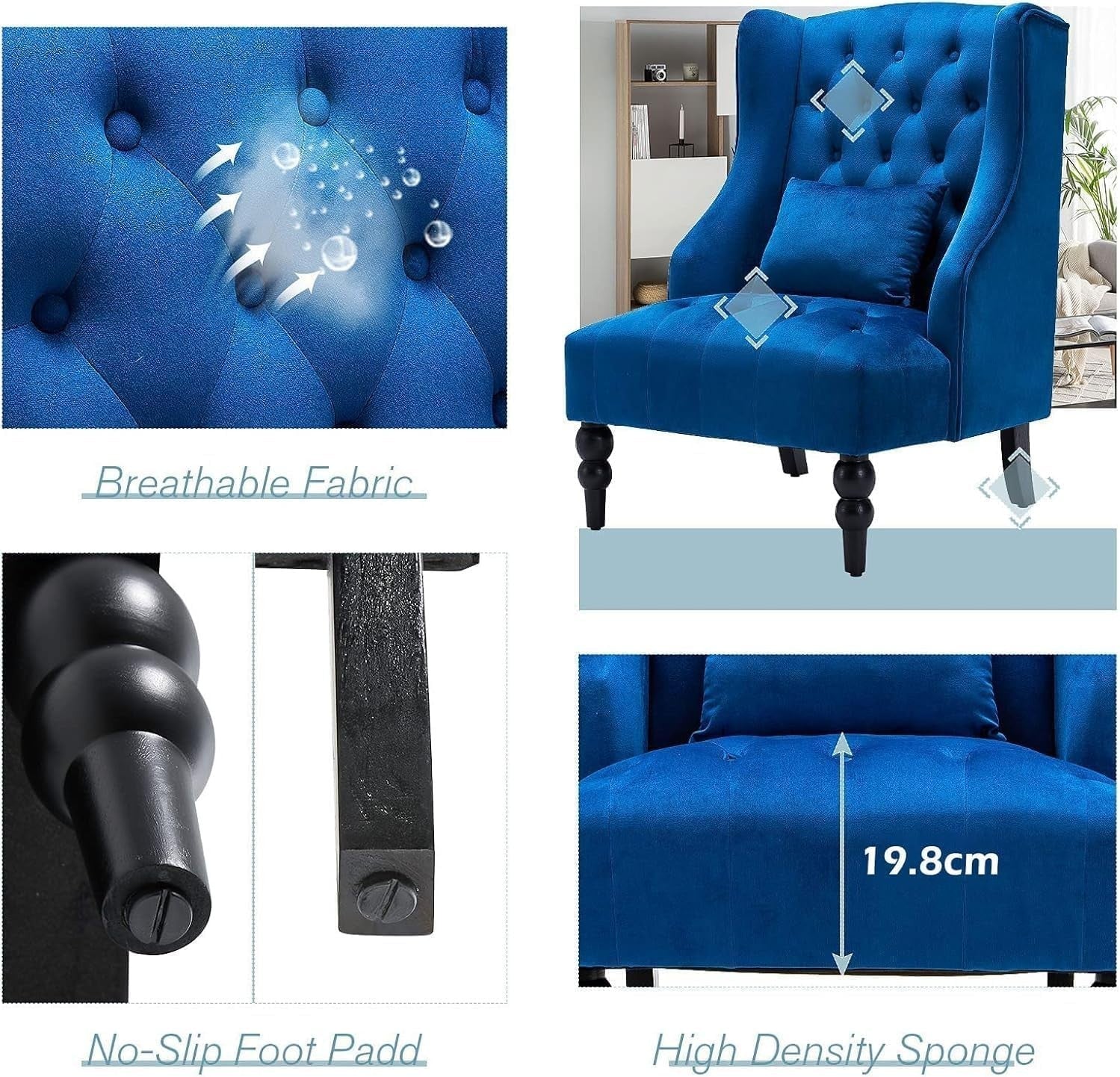 Velvet Wingback Armchair High Back Tufted Chair for Bedroom Living Room